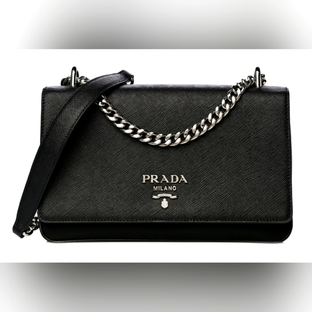 PRADA Authentic Saffiano Tessuto Nylon Chain Shoulder Bag Black